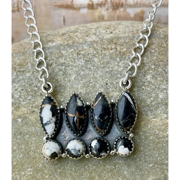 White Buffalo Turquoise Sterling Silver Cluster Necklace Southwestern - Picture 4 of 11